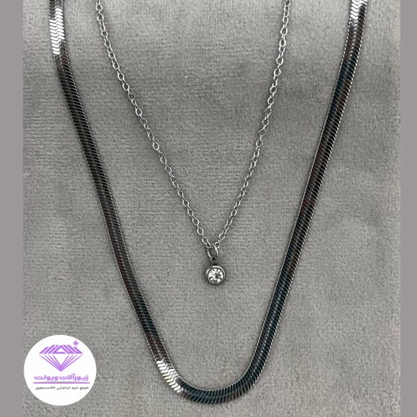 گردنبند دو زنجیره هرینگبون و نگین | کد ۲۰۱۴
