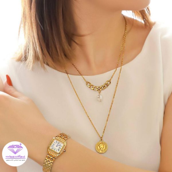 گردنبند دو لاین زنانه کارتیر و آویز الیزابت | کد 20104