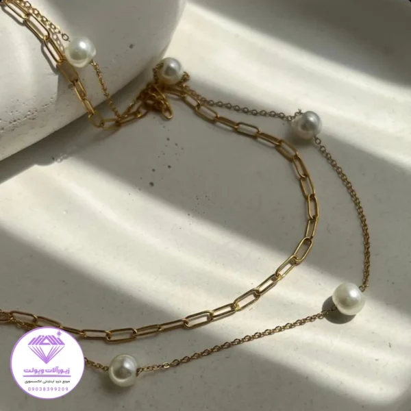 گردنبند دو لاین هرمس و مرواریدی | کد 3062