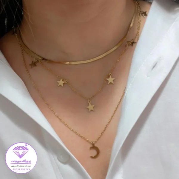 گردنبند سه لاین مدل ماه و ستاره زنانه | کد 10141